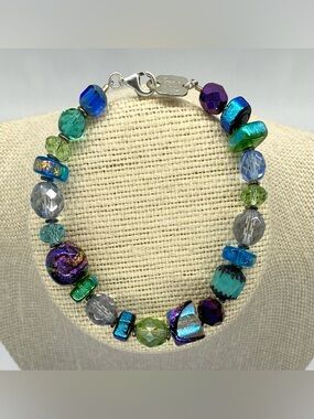 Vintage Blue Green Purple Glass Beaded Chunky Bracelet Grandmillenial Eclectic